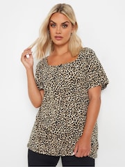 Yours Curve Natural Leopard Printed T-Shirt - Image 1 of 5