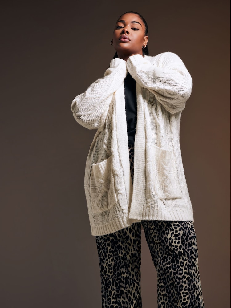 Yours Curve White Cable Shawl Cardigan - Image 1 of 6 Yours Curve White Cable Shawl Cardigan - Image 1 of 6