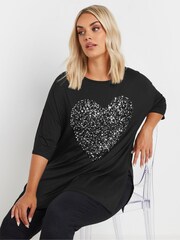 Yours Curve Black Heart Embellished T-Shirt - Image 1 of 5