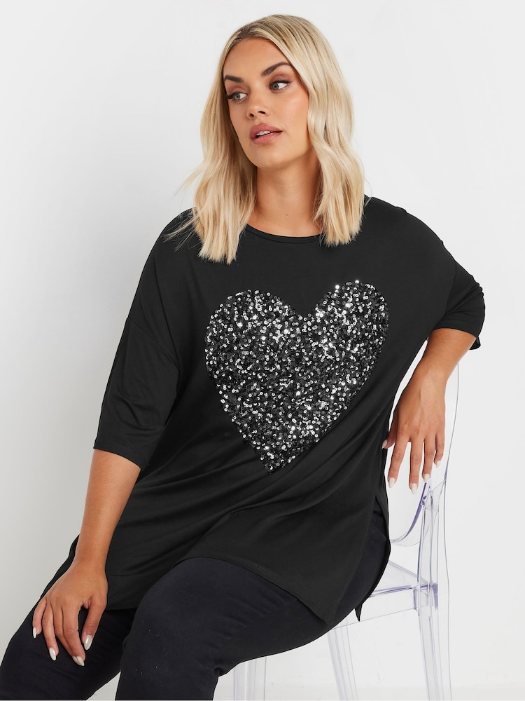 Yours Curve Black Heart Embellished T-Shirt - Image 1 of 5