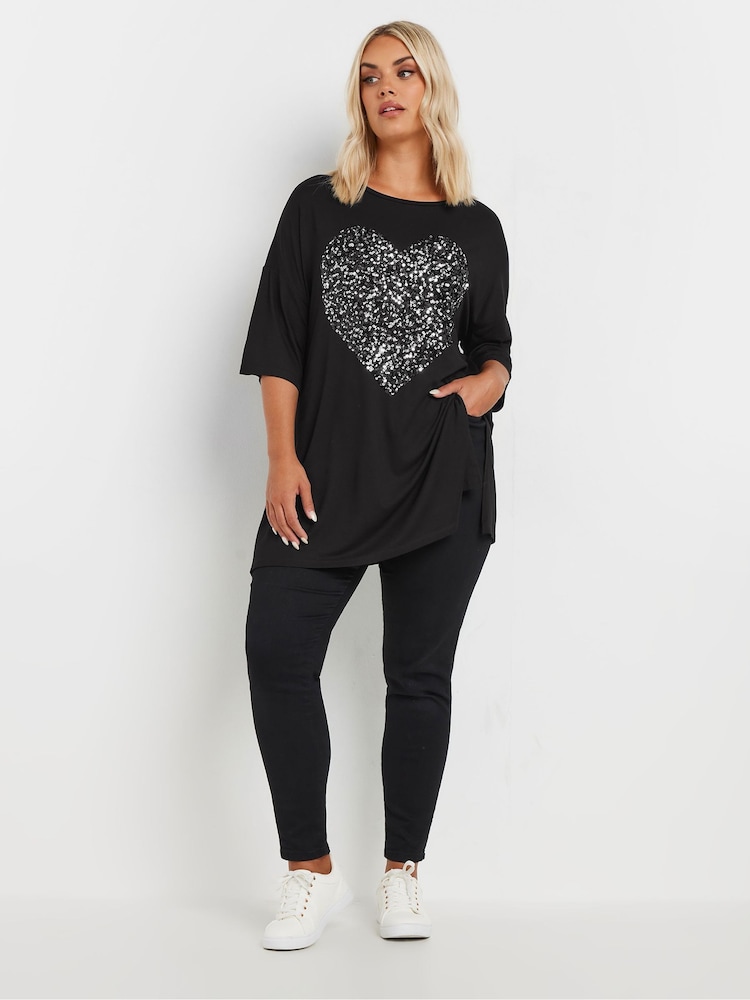 Yours Curve Black Heart Embellished T-Shirt - Image 2 of 5