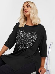 Yours Curve Black Heart Embellished T-Shirt - Image 4 of 5