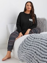 Yours Curve Black Snuggle Long Sleeve 100% Cotton Pyjamas Set - Image 1 of 5