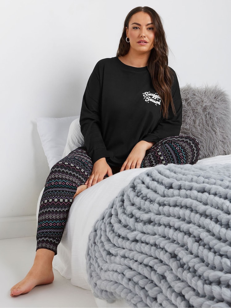 Yours Curve Black Snuggle Long Sleeve 100% Cotton Pyjamas Set - Image 1 of 5