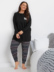 Yours Curve Black Snuggle Long Sleeve 100% Cotton Pyjamas Set - Image 2 of 5