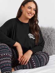 Yours Curve Black Snuggle Long Sleeve 100% Cotton Pyjamas Set - Image 4 of 5