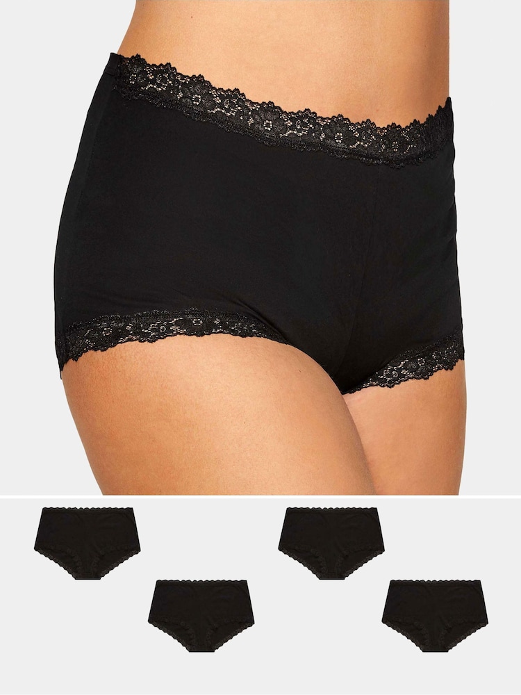 Yours Curve Black Lace Trim 100% Cotton Shorts 4 Pack - Image 1 of 3