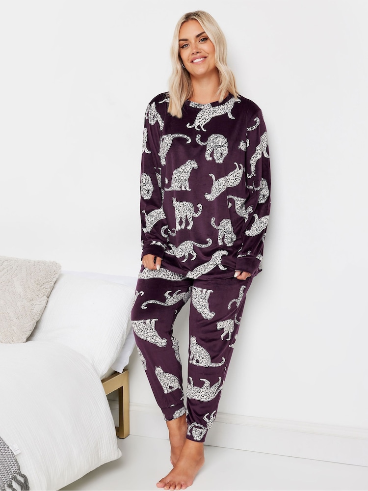 Yours Curve Purple Leopard Lounge Pyjamas Set - Image 2 of 5