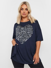 Yours Curve Blue Heart Embellished T-Shirt - Image 1 of 5
