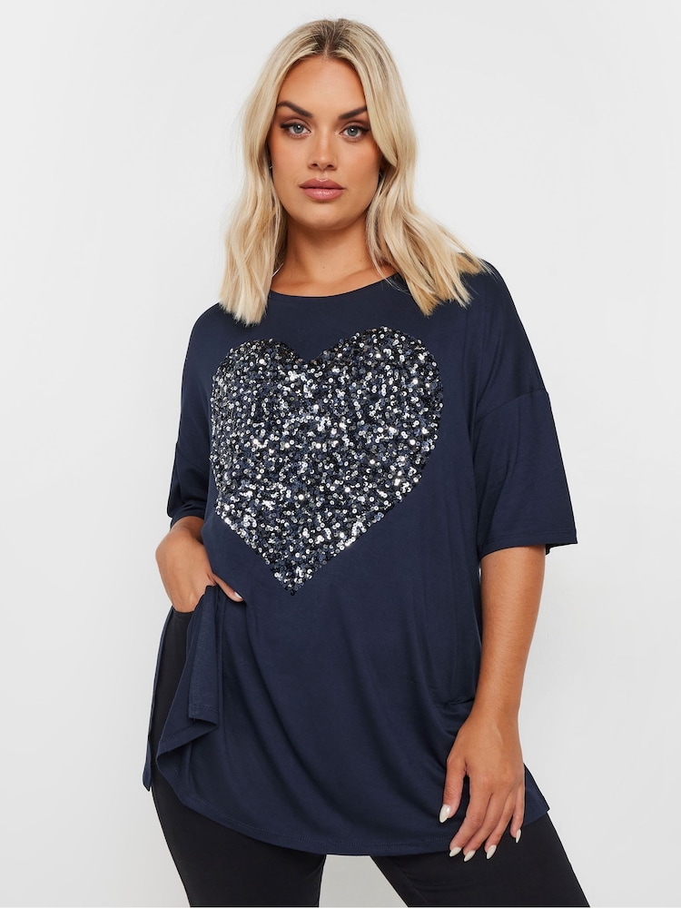Yours Curve Blue Heart Embellished T-Shirt - Image 1 of 5