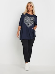 Yours Curve Blue Heart Embellished T-Shirt - Image 2 of 5