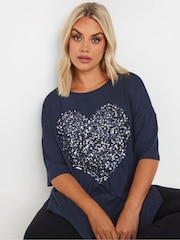 Yours Curve Blue Heart Embellished T-Shirt - Image 4 of 5