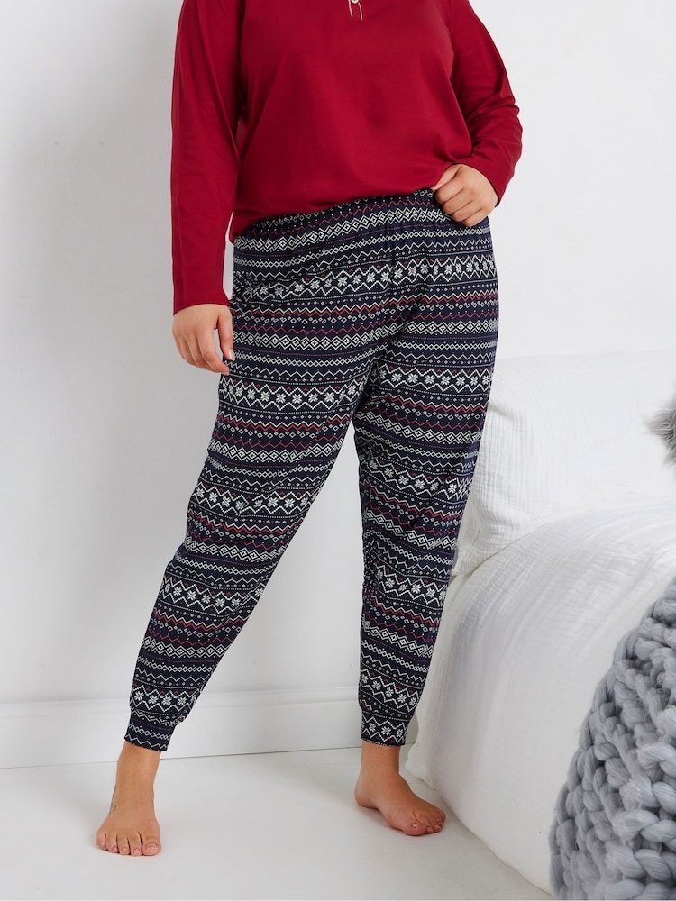 Yours Curve Blue Cuffed 100% Cotton Pyjamas Pant - Image 1 of 5