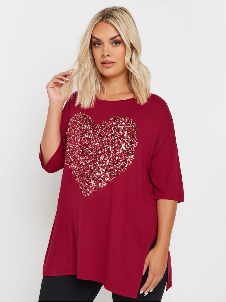 Yours Curve Red Heart Embellished T-Shirt - Image 1 of 5