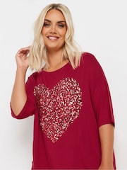 Yours Curve Red Heart Embellished T-Shirt - Image 4 of 5