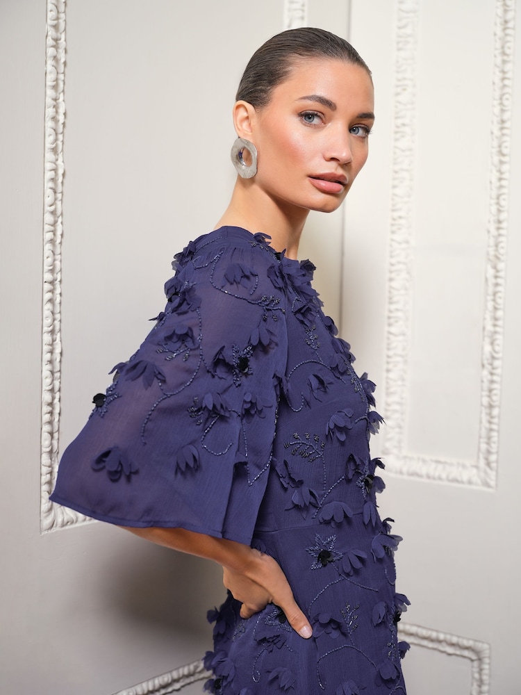 Love & Roses Blue 3D Floral Angel Sleeve Midi Dress - Image 3 of 4