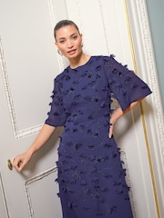 Love & Roses Blue Petite 3D Floral Angel Sleeve Midi Dress - Image 1 of 4