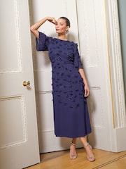 Love & Roses Blue Petite 3D Floral Angel Sleeve Midi Dress - Image 2 of 4