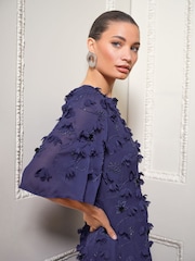 Love & Roses Blue Petite 3D Floral Angel Sleeve Midi Dress - Image 3 of 4