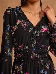 Love & Roses Black Floral Jersey Frill Detail V-Neck Long Sleeve Midi Dress - Image 2 of 4