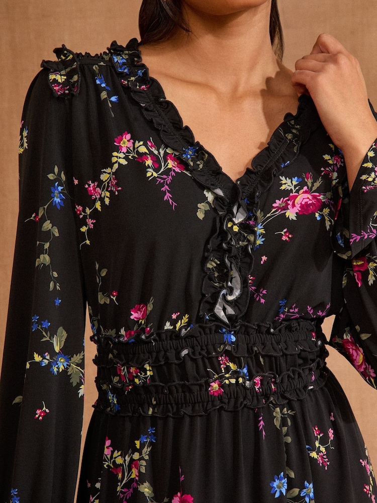 Love & Roses Black Floral Jersey Frill Detail V-Neck Long Sleeve Midi Dress - Image 2 of 4 Love & Roses Black Floral Jersey Frill Detail V-Neck Long Sleeve Midi Dress - Image 2 of 4