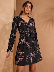 Love & Roses Black Floral Petite Jersey Frill Detail V-Neck Long Sleeve Midi Dress - Image 1 of 4