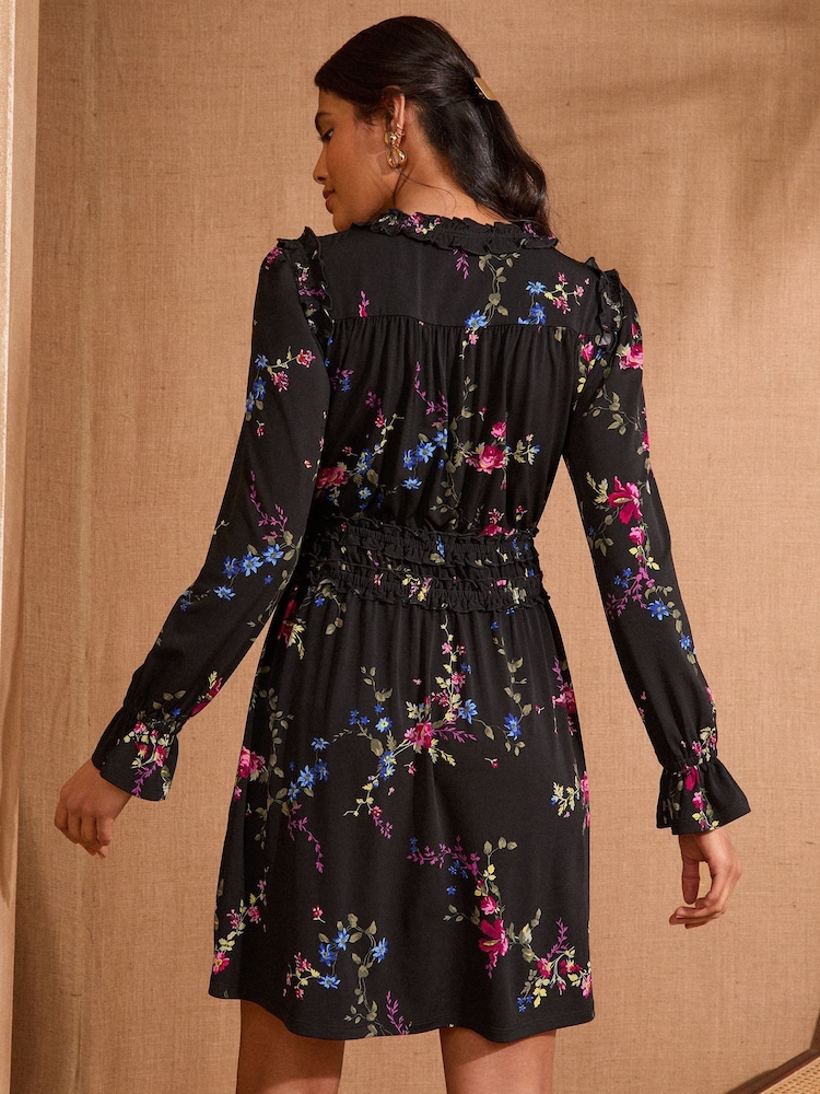Love & Roses Black Floral Petite Jersey Frill Detail V-Neck Long Sleeve Midi Dress - Image 4 of 4