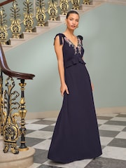 Love & Roses Navy Embroidered Ruffle Tie Detail V-Neck Maxi Dress - Image 1 of 4