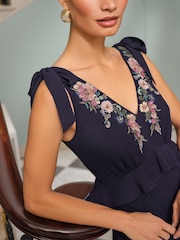 Love & Roses Navy Embroidered Ruffle Tie Detail V-Neck Maxi Dress - Image 2 of 4