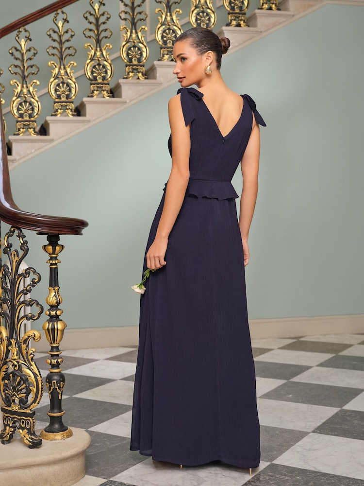 Love & Roses Navy Embroidered Ruffle Tie Detail V-Neck Maxi Dress - Image 4 of 4