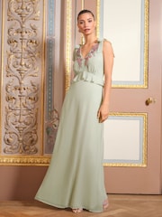 Love & Roses Green Embroidered Ruffle Tie Detail V-Neck Maxi Dress - Image 1 of 4