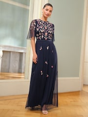 Love & Roses Navy Embroidered Angel Sleeve Maxi Dress - Image 1 of 4