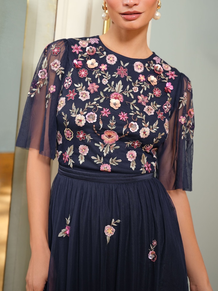 Love & Roses Navy Embroidered Angel Sleeve Maxi Dress - Image 2 of 4