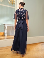 Love & Roses Navy Embroidered Angel Sleeve Maxi Dress - Image 3 of 4