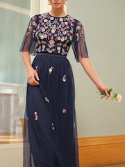 Love & Roses Navy Embroidered Angel Sleeve Maxi Dress - Image 4 of 4