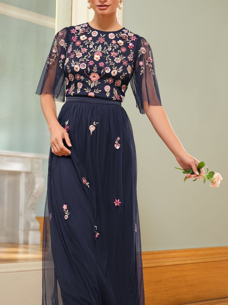 Love & Roses Navy Embroidered Angel Sleeve Maxi Dress - Image 4 of 4