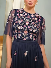 Love & Roses Navy Petite Embroidered Angel Sleeve Maxi Dress - Image 2 of 4