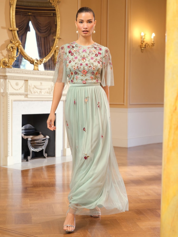 Love & Roses Green Embroidered Angel Sleeve Maxi Dress - Image 1 of 4