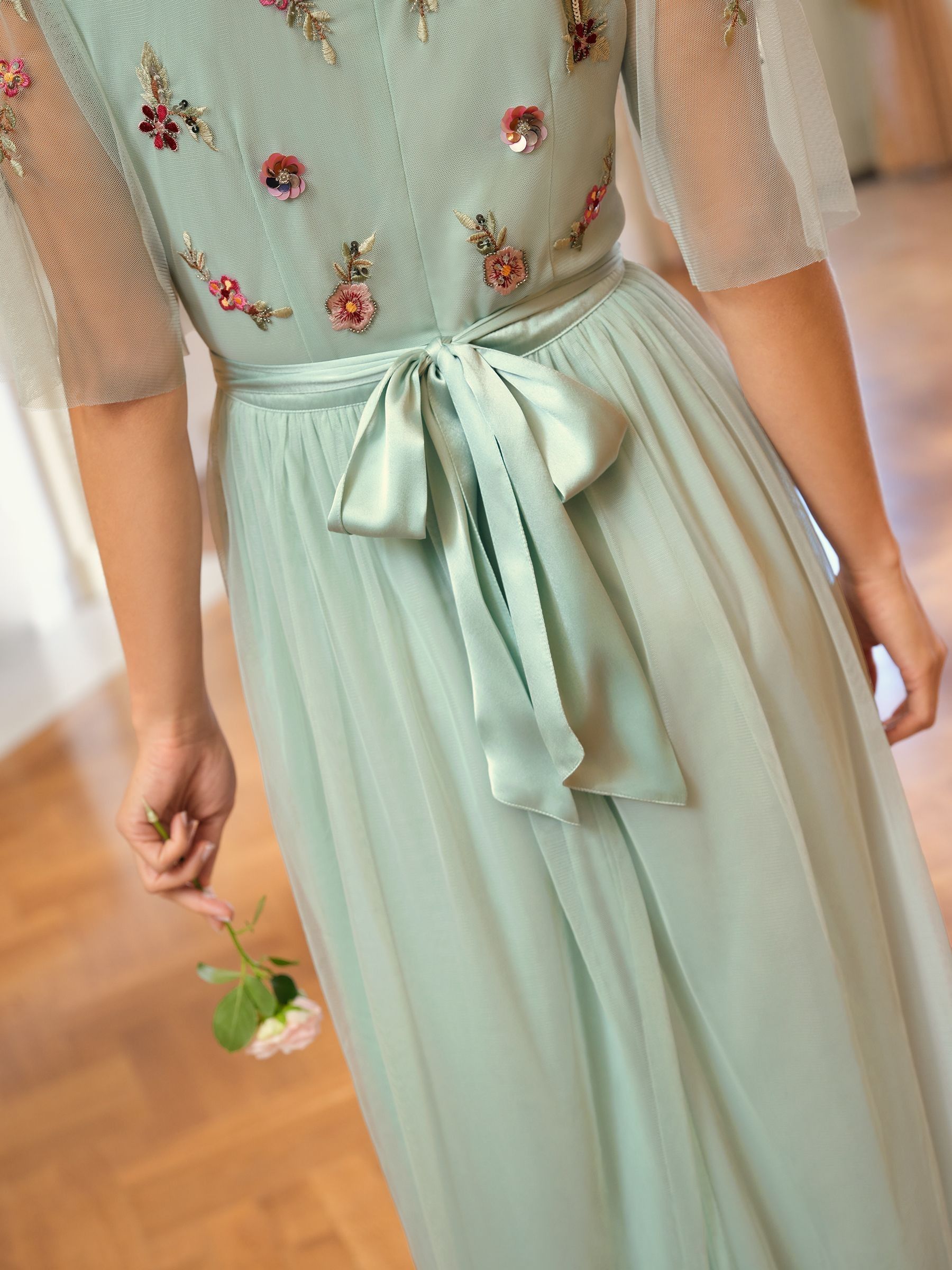 Buy Love & Roses Green Embroidered Angel Sleeve Maxi Dress