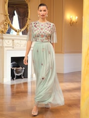 Love & Roses Green Petite Embroidered Angel Sleeve Maxi Dress - Image 1 of 4