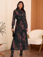 Love & Roses Black Petite Plisse Midi Dress - Image 1 of 4