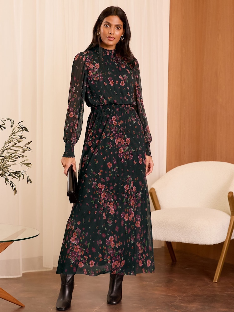 Love & Roses Black Petite Plisse Midi Dress - Image 1 of 4