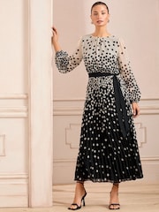 Love & Roses Black/White Mono Spot Pleated Midi Dress - Image 1 of 5