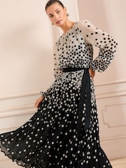 Love & Roses Black/White Mono Spot Pleated Midi Dress - Image 2 of 5
