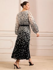 Love & Roses Black/White Mono Spot Pleated Midi Dress - Image 3 of 5