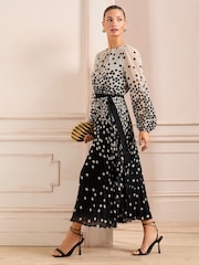 Love & Roses Black/White Mono Spot Pleated Midi Dress - Image 5 of 5