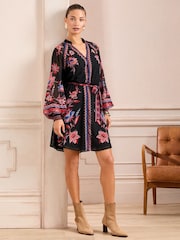 Love & Roses Black Floral Mini Shirt Dress - Image 1 of 4