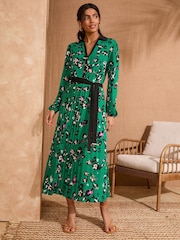 Love & Roses Green Animal Petite Jersey Pleated Long Sleeve Midi Dress - Image 1 of 5