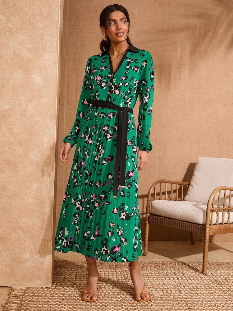 Love & Roses Green Animal Petite Jersey Pleated Long Sleeve Midi Dress - Image 1 of 5
