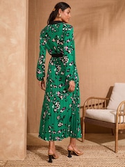 Love & Roses Green Animal Petite Jersey Pleated Long Sleeve Midi Dress - Image 2 of 5